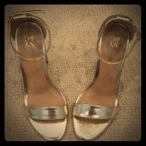 New york & Company Metallic gold block heels